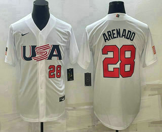 Men%27s USA Baseball #28 Nolan Arenado Number 2023 White World Baseball Classic Replica Stitched Jersey